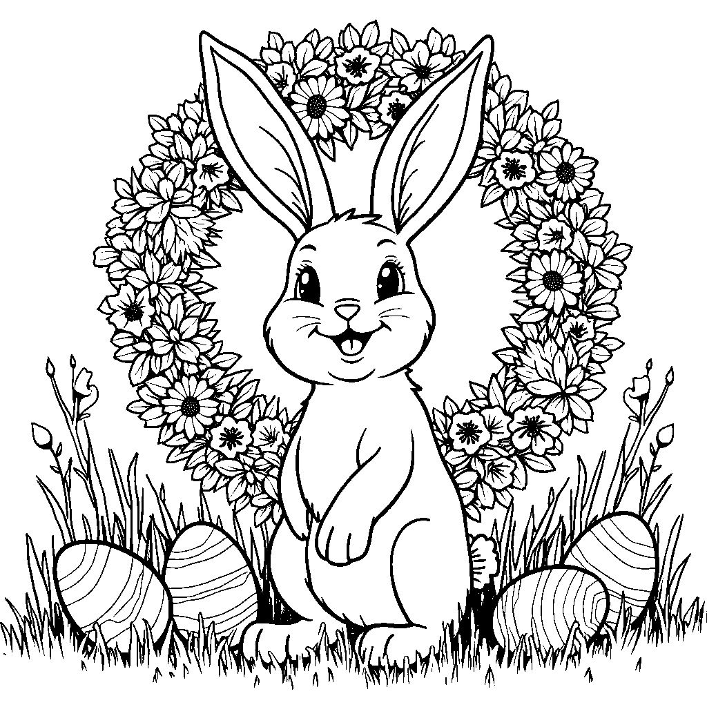 Easter bunny standing in front of a giant Easter wreath