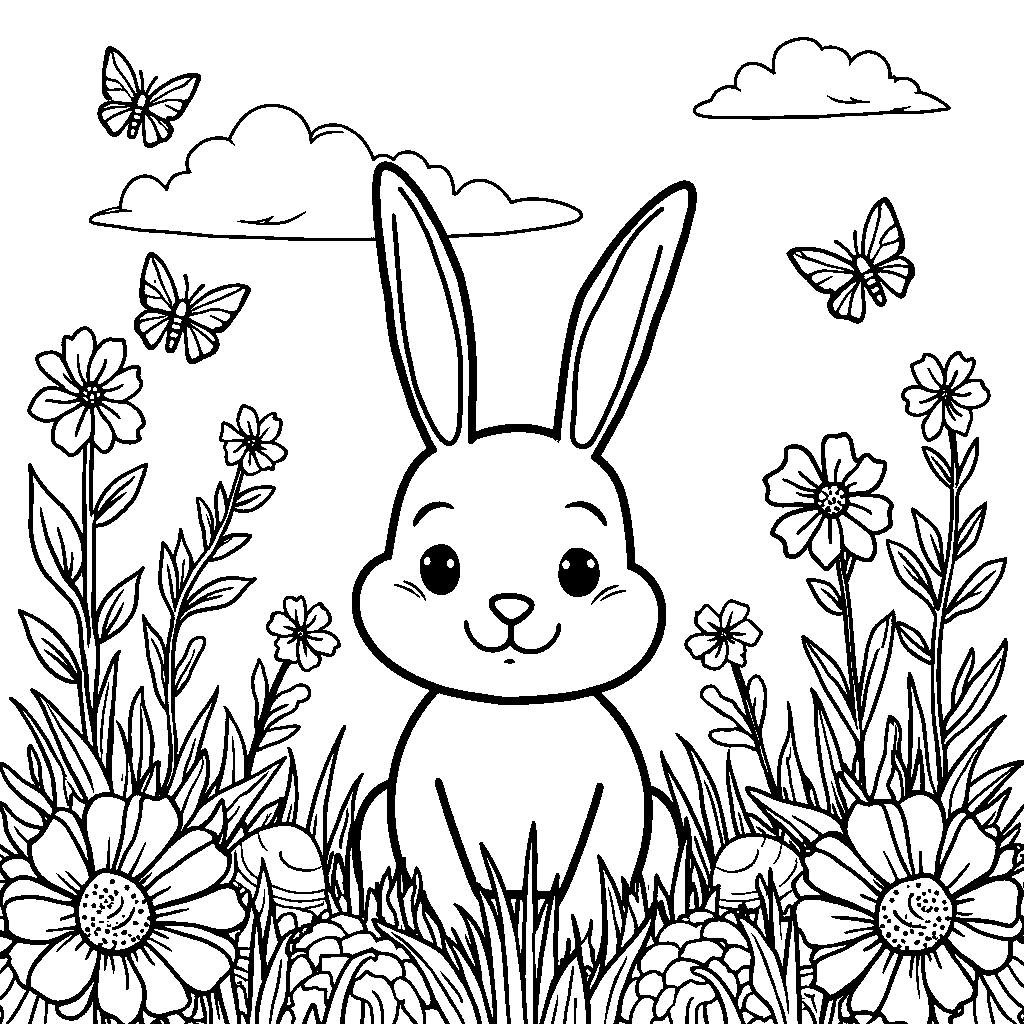 Easter bunny surrounded by blooming flowers and butterflies