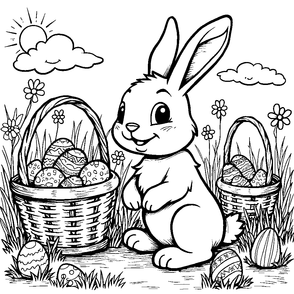 Easter bunny surrounded by Easter baskets filled with goodies