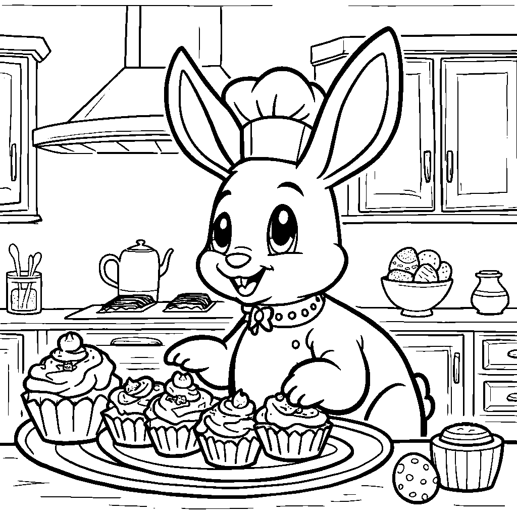 Easter bunny wearing a chef's hat and holding a plate of Easter treats