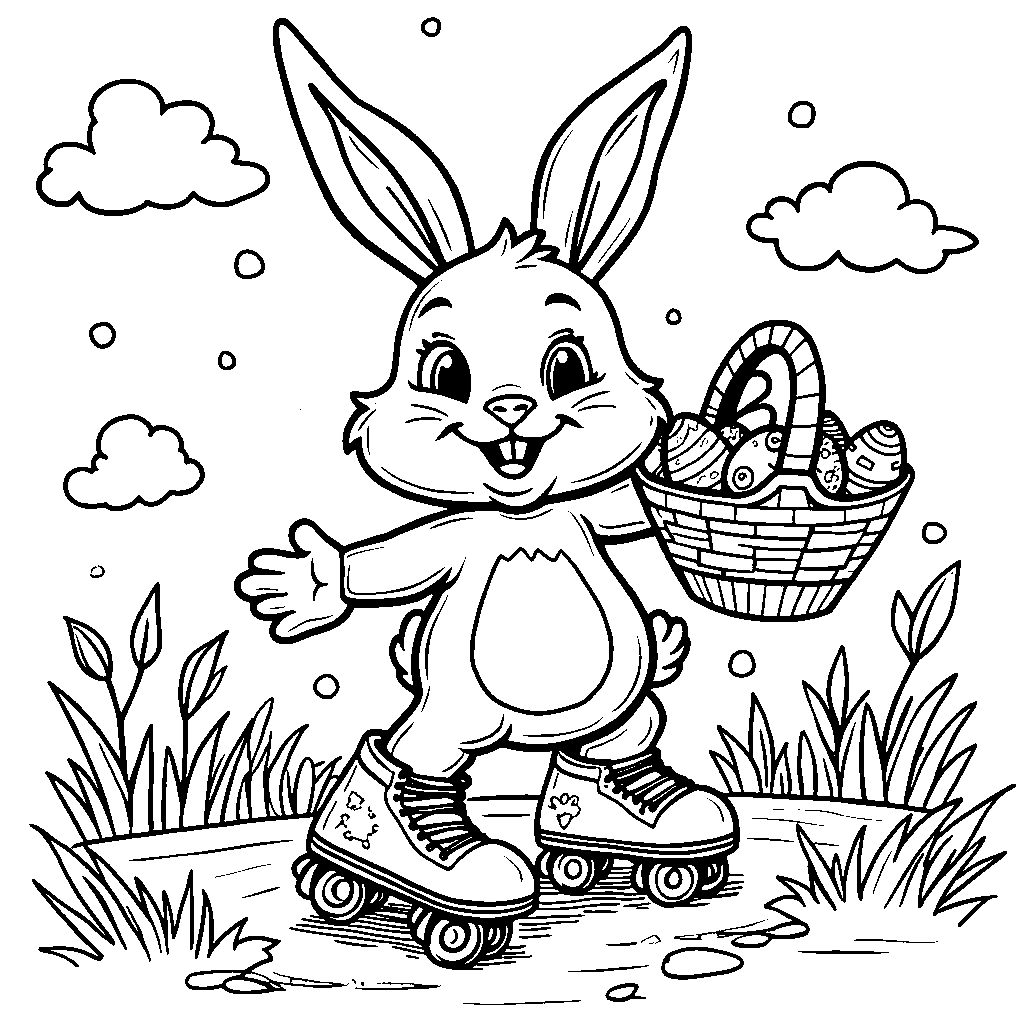 Easter bunny wearing a pair of roller skates and holding a basket of eggs