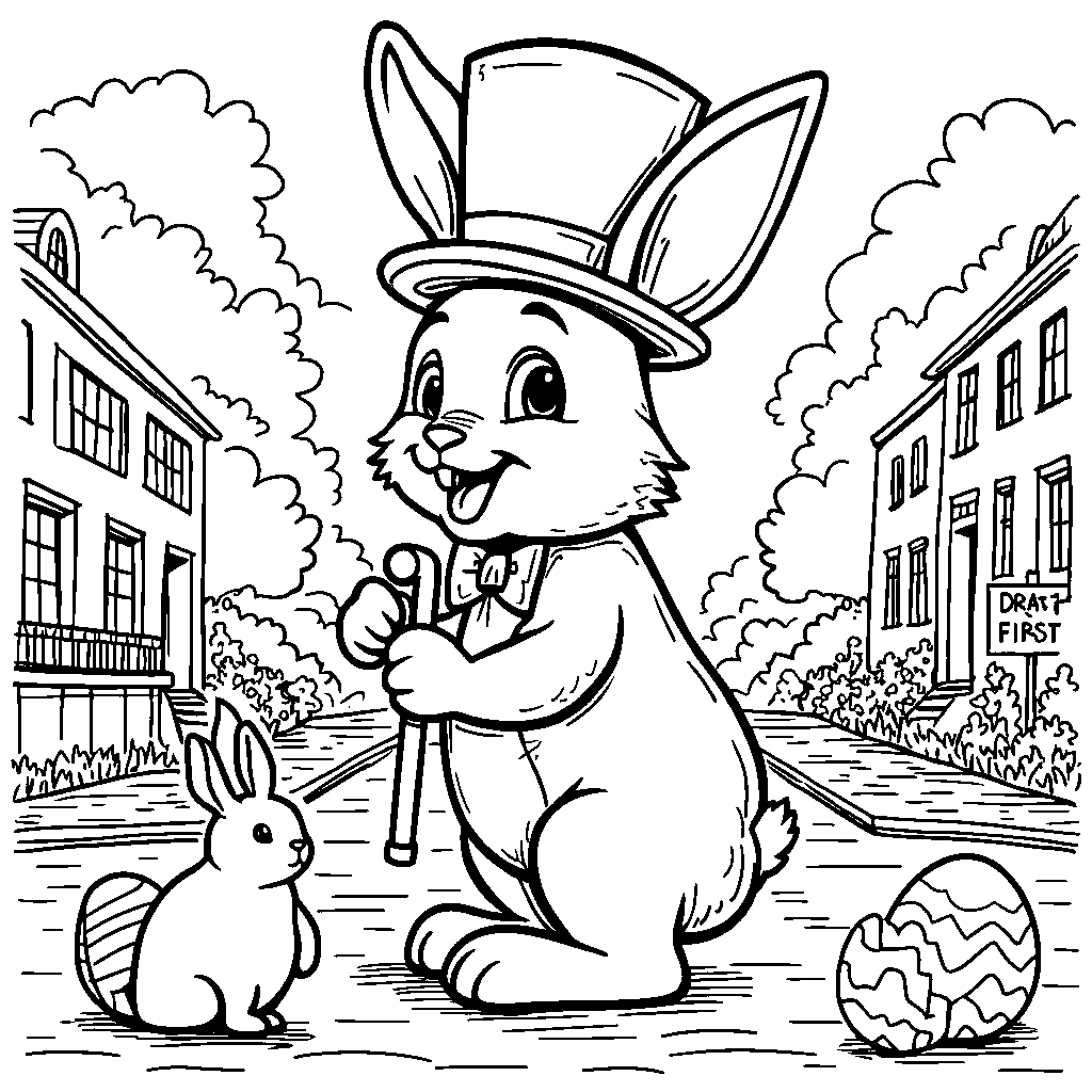 Easter bunny wearing a top hat and holding a cane