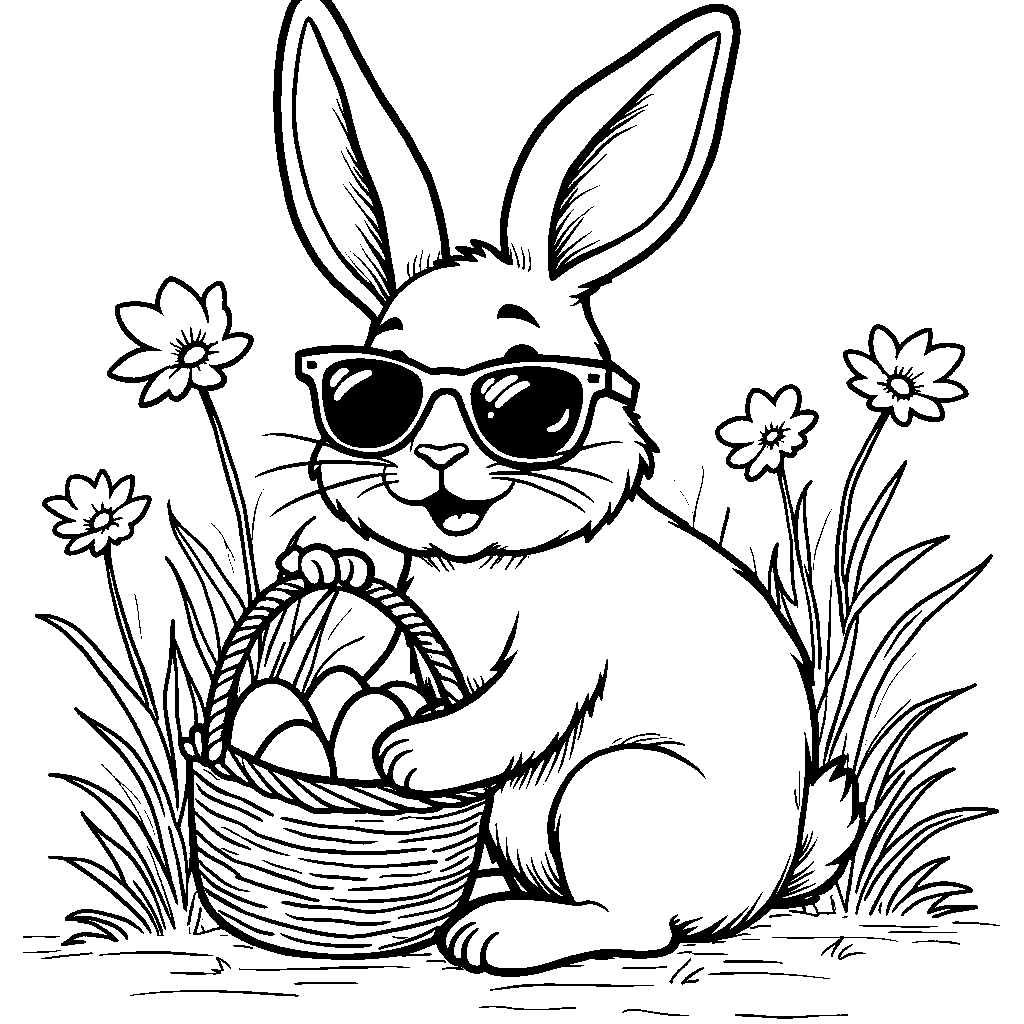 Easter bunny wearing sunglasses and holding a basket of eggs