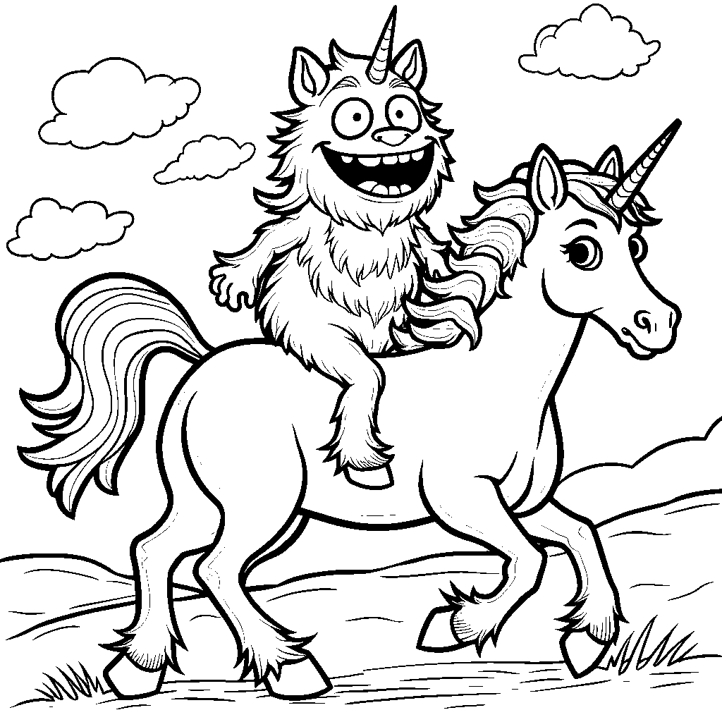 Happy Monster Riding a Unicorn