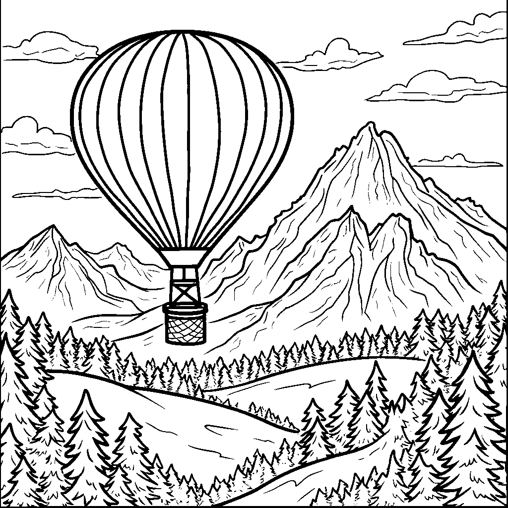 Hot Air Balloon Flying over Mountains