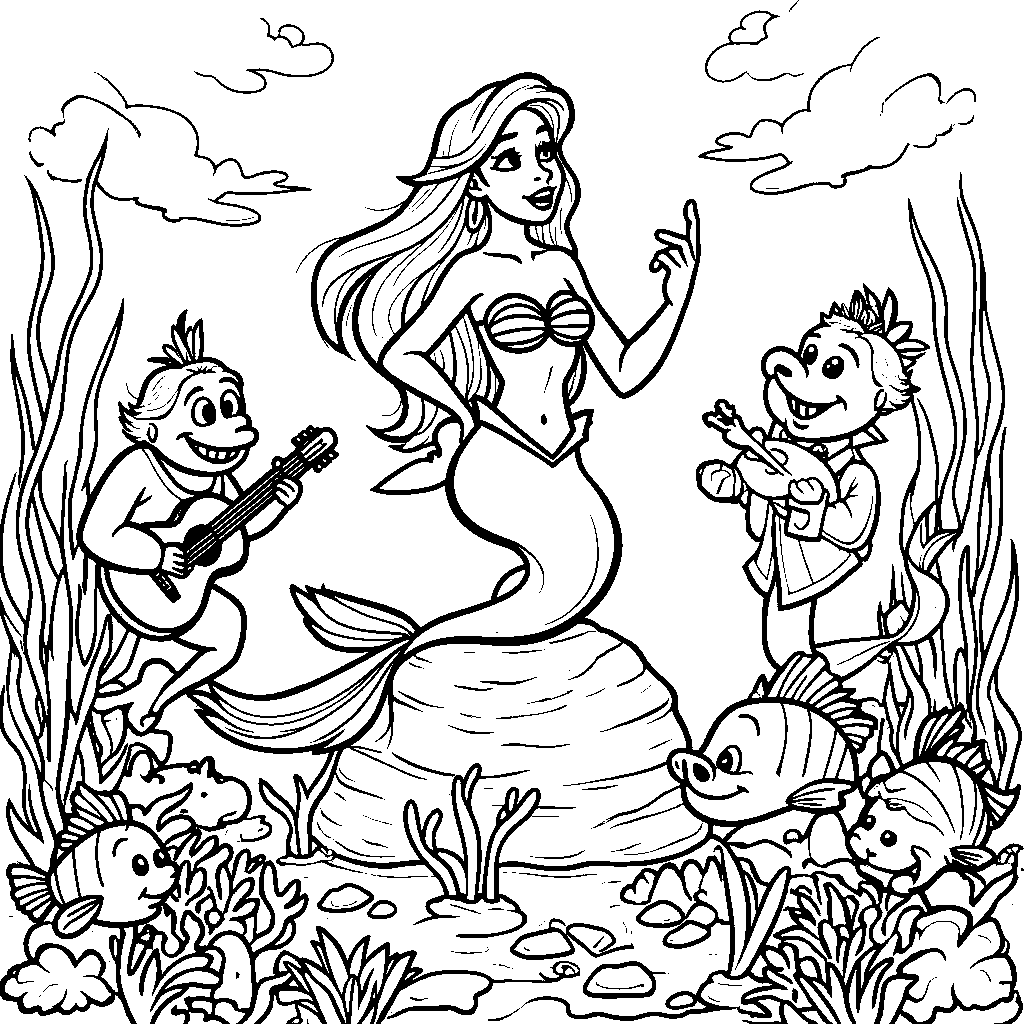 Little Mermaid Singing with Sea Creatures