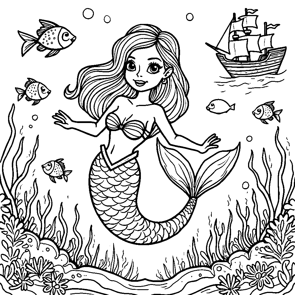 Mermaid Swimming with Fish Friends