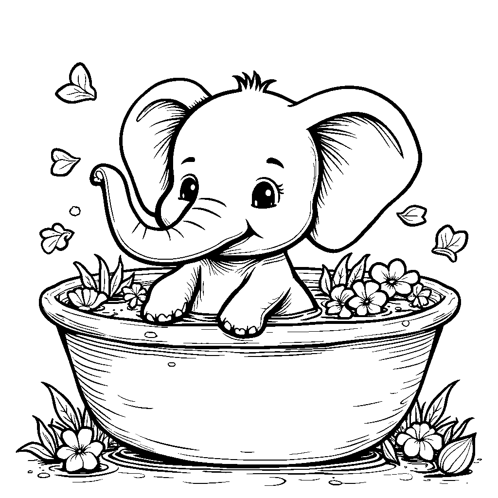 Baby elephant taking a bath in a tub filled with flowers