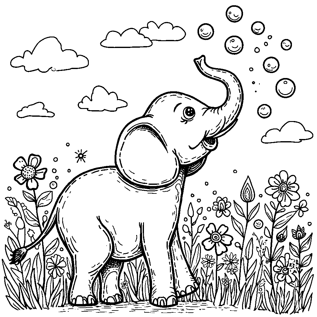 Elephant blowing bubbles in a field of colorful flowers