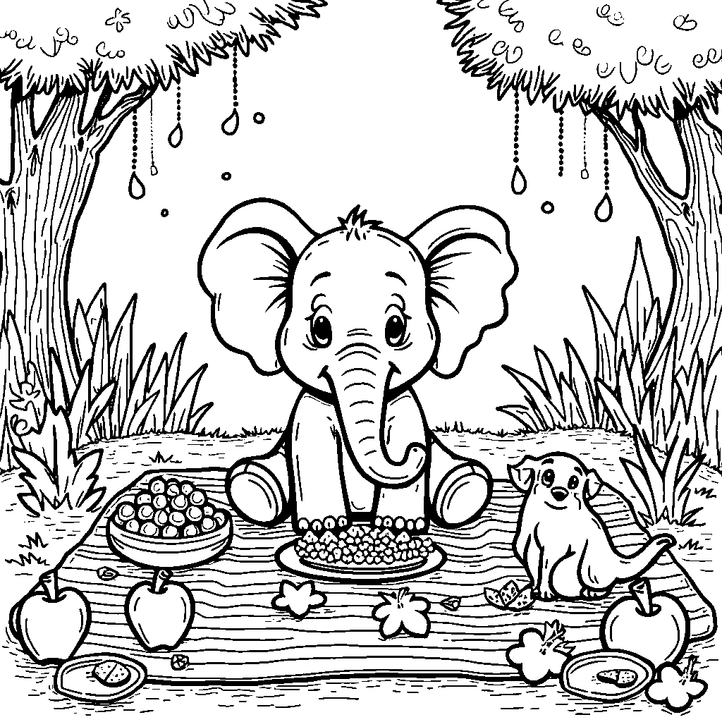 Elephant having a picnic with its jungle friends