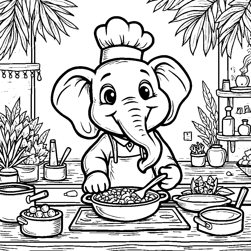 Elephant in a chef's hat cooking up a storm in the jungle kitchen