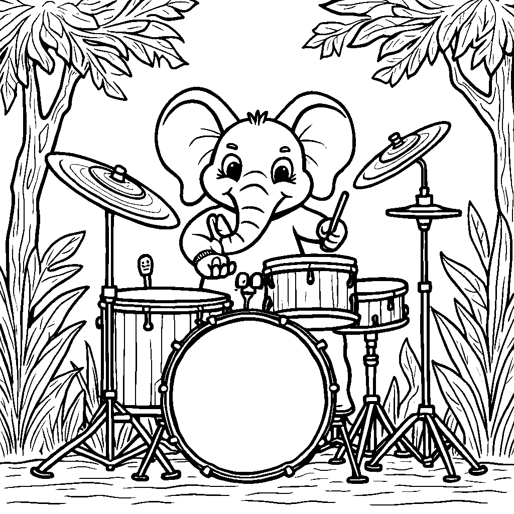 Elephant playing drums in a jungle rock band