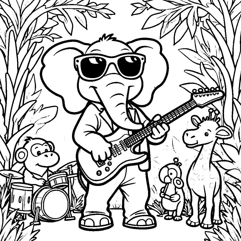 Elephant playing a guitar in a jungle band