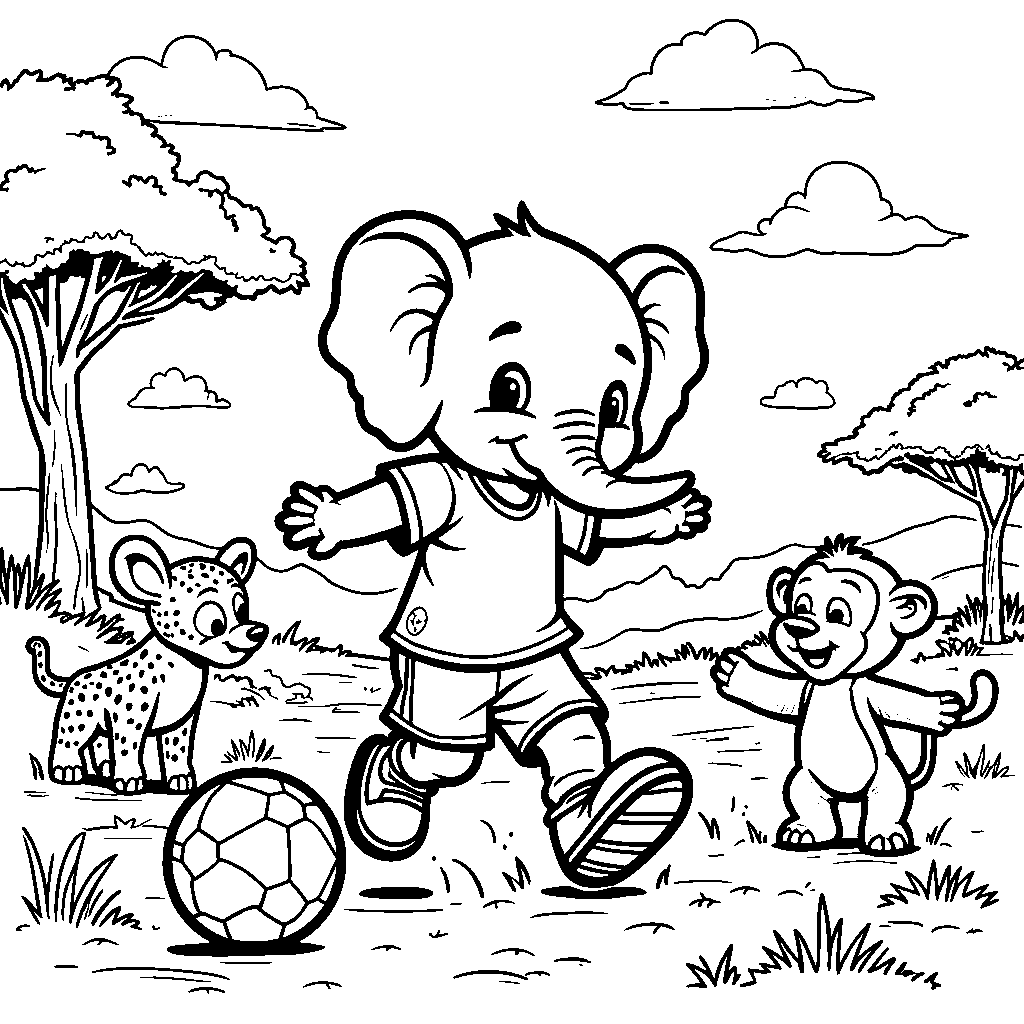 Elephant playing soccer with its friends in the wild