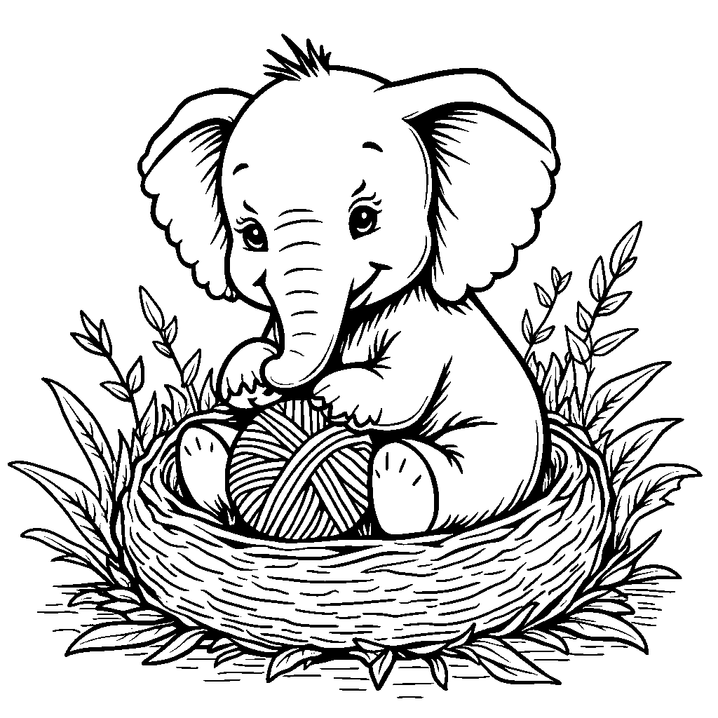 Elephant playing with a ball of yarn in a cozy little nest