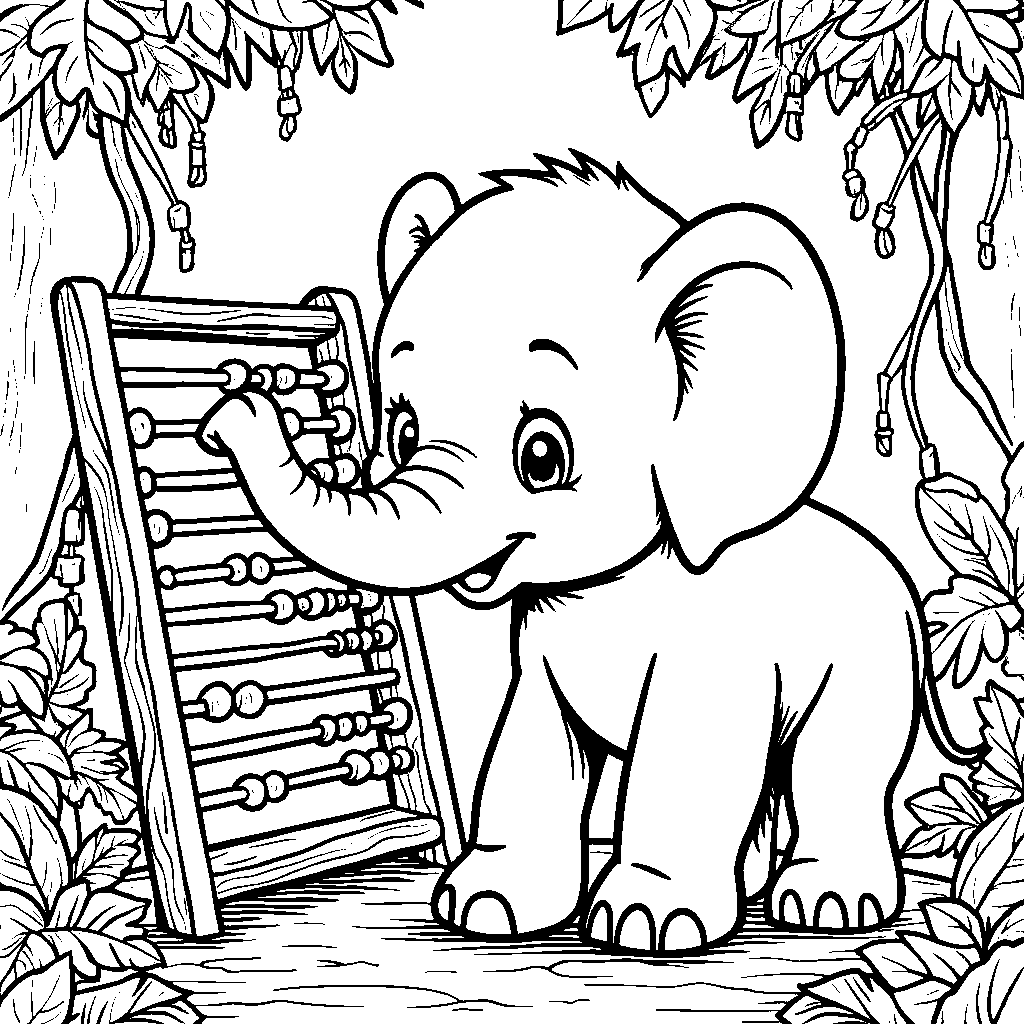 Elephant playing with a giant abacus in the jungle