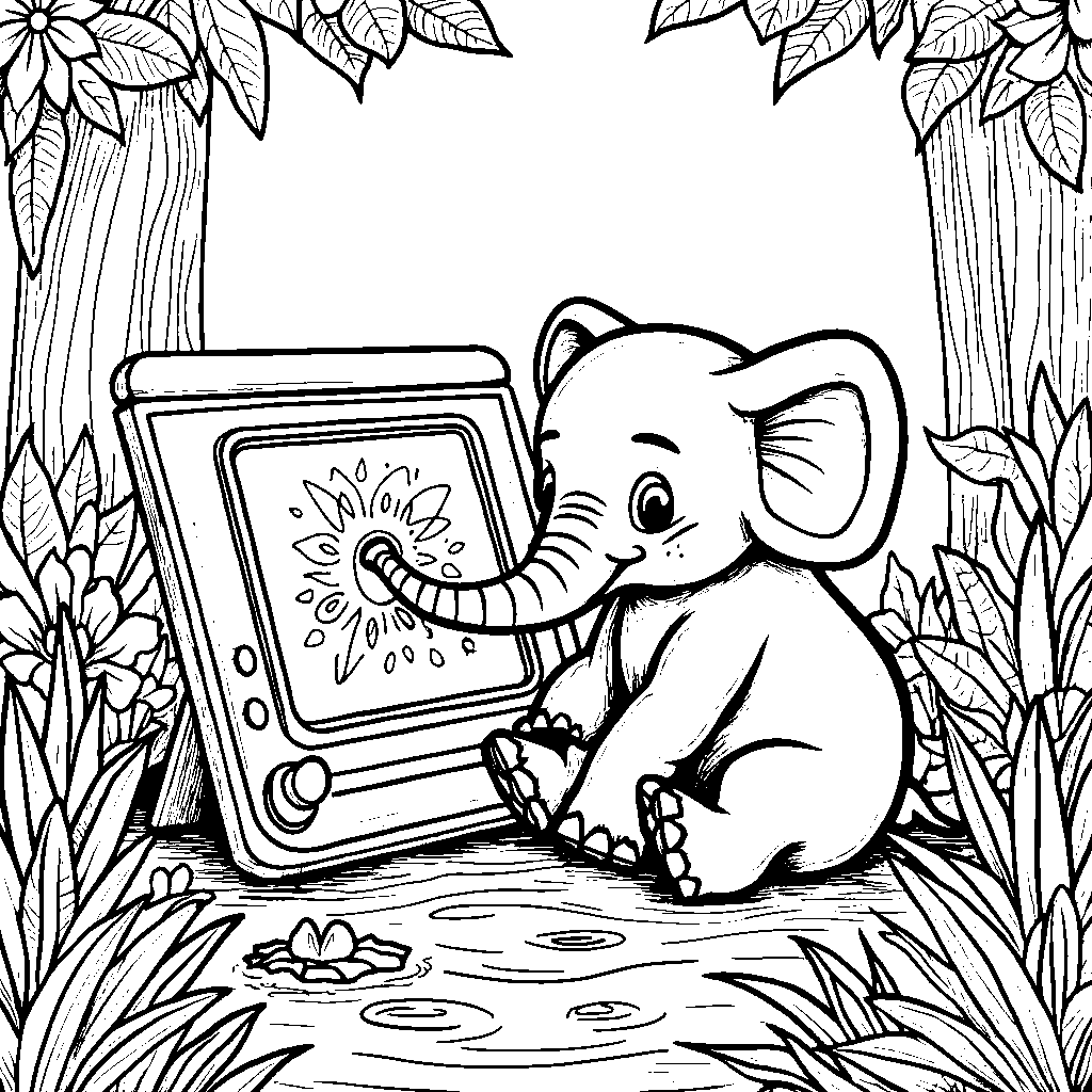 Elephant playing with a giant Etch A Sketch in the jungle