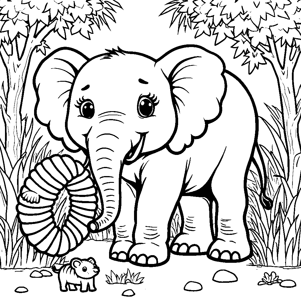 Elephant playing with a giant slinky in the jungle