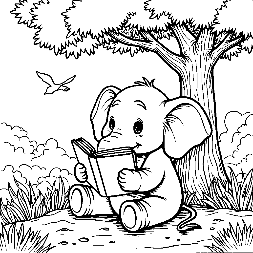 Elephant reading a book under a shady tree