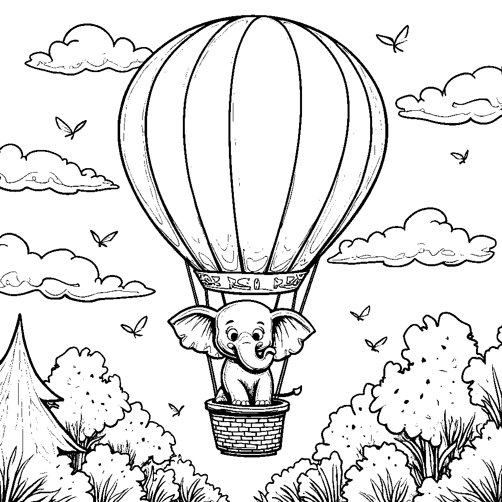 Elephant riding a hot air balloon above the treetops