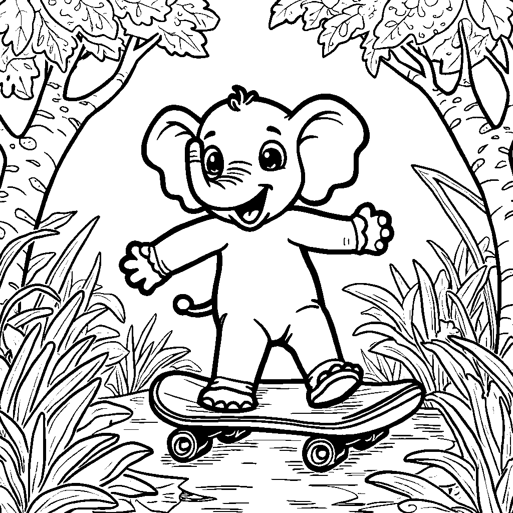 Elephant riding a skateboard through the jungle