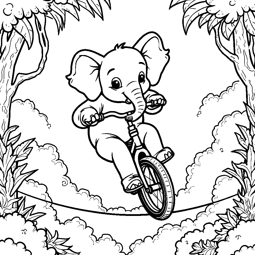 Elephant riding a unicycle on a tightrope above the jungle