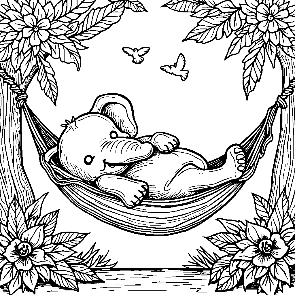 Elephant taking a nap in a hammock made of vines