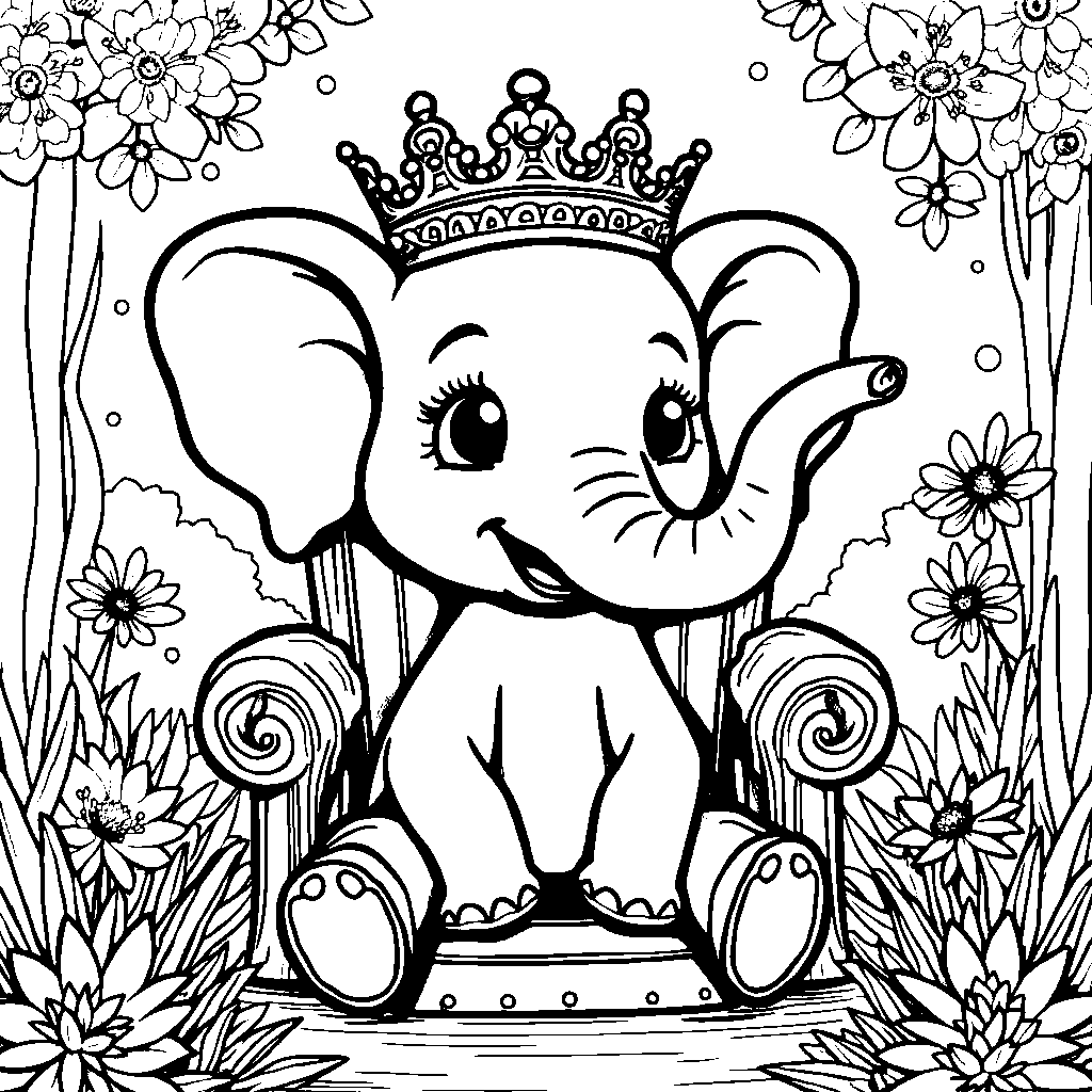 Elephant wearing a crown and sitting on a throne made of flowers