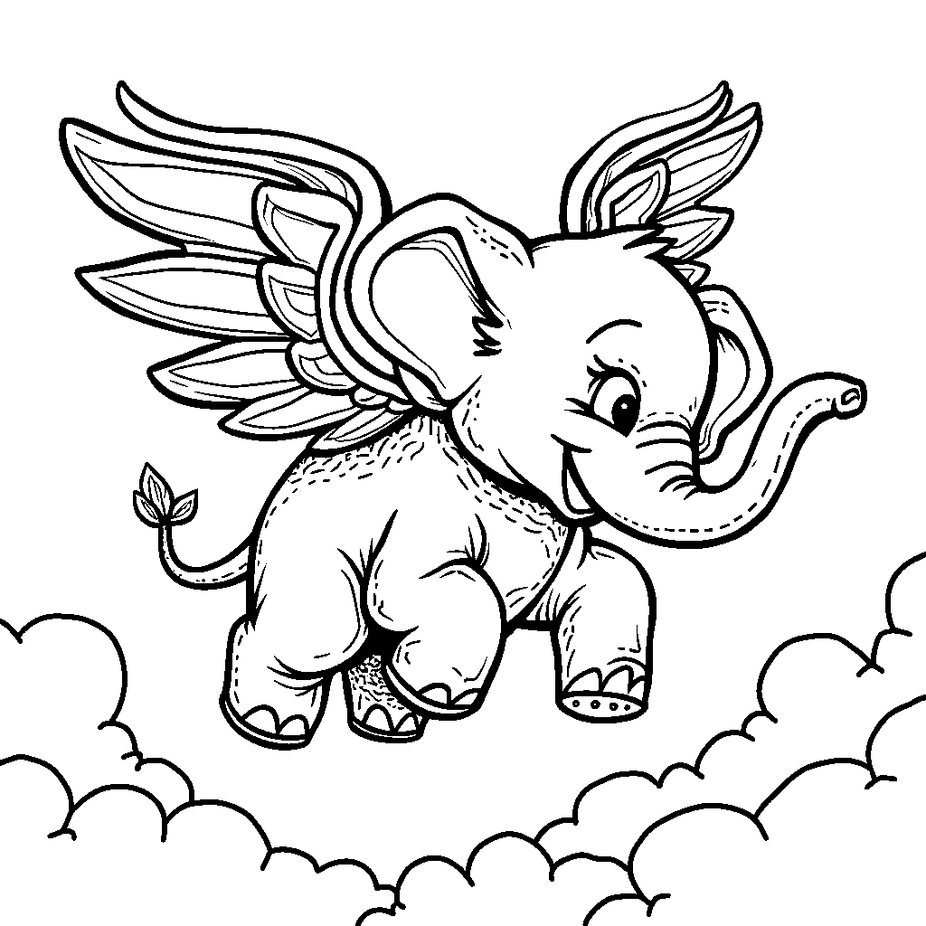 Elephant wearing a pair of wings and flying through the sky