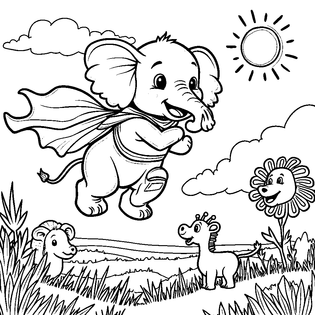 Elephant wearing a superhero cape flying over the savannah