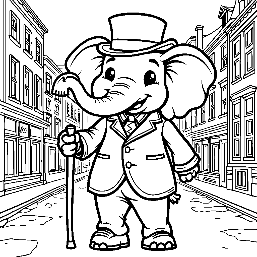 Elephant wearing a top hat and holding a cane