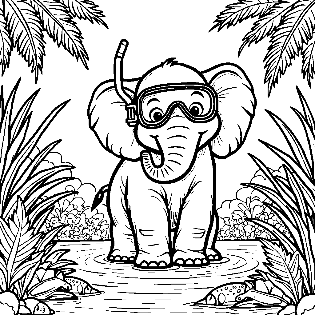 Elephant wearing a pair of goggles and snorkeling in the jungle river