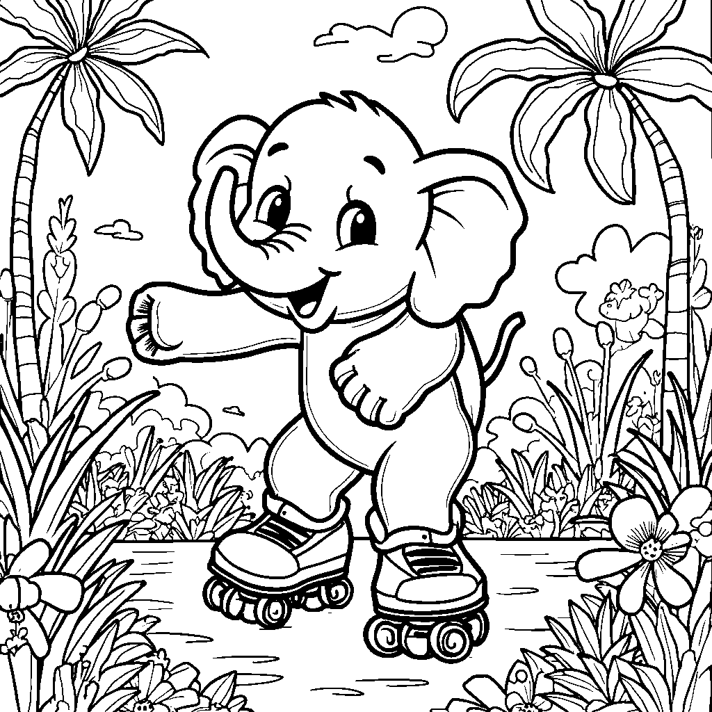 Elephant wearing roller skates and gliding through the jungle