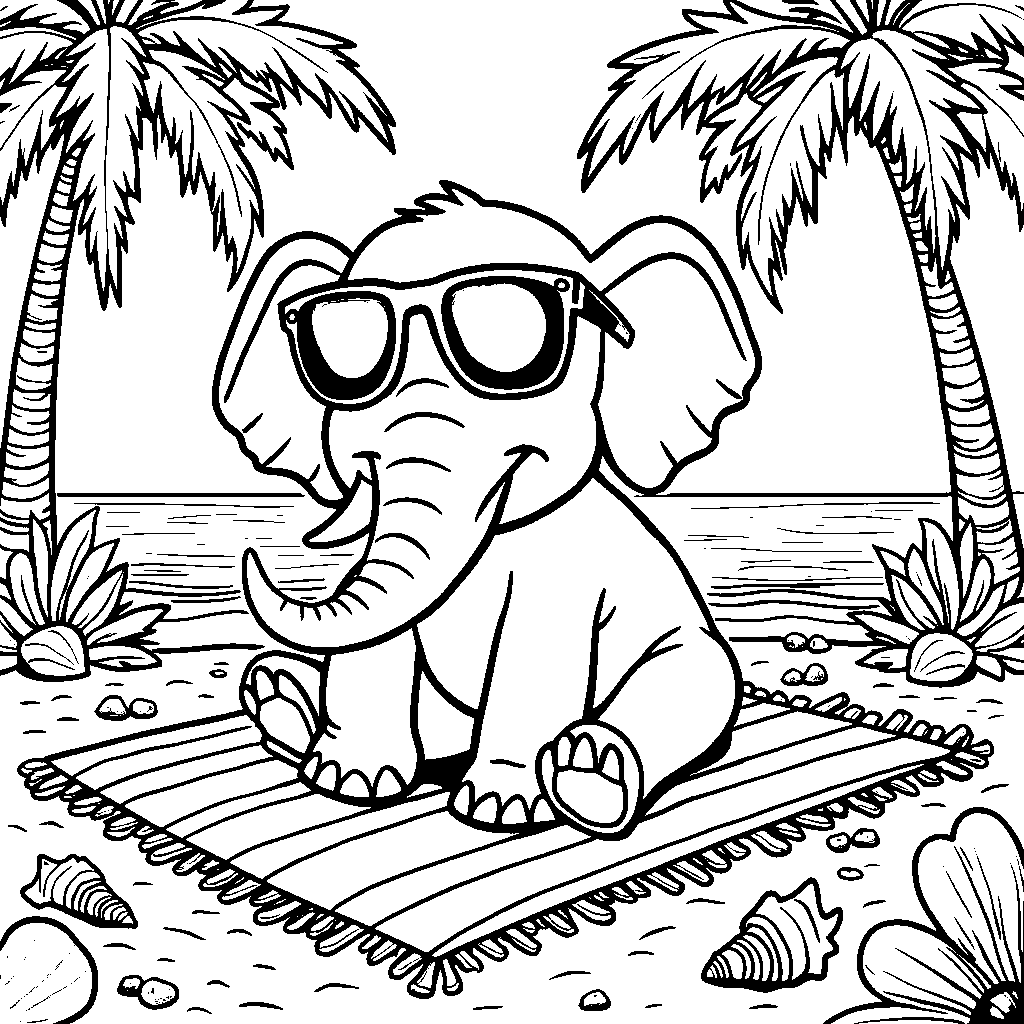 Elephant wearing sunglasses and lounging on a beach towel