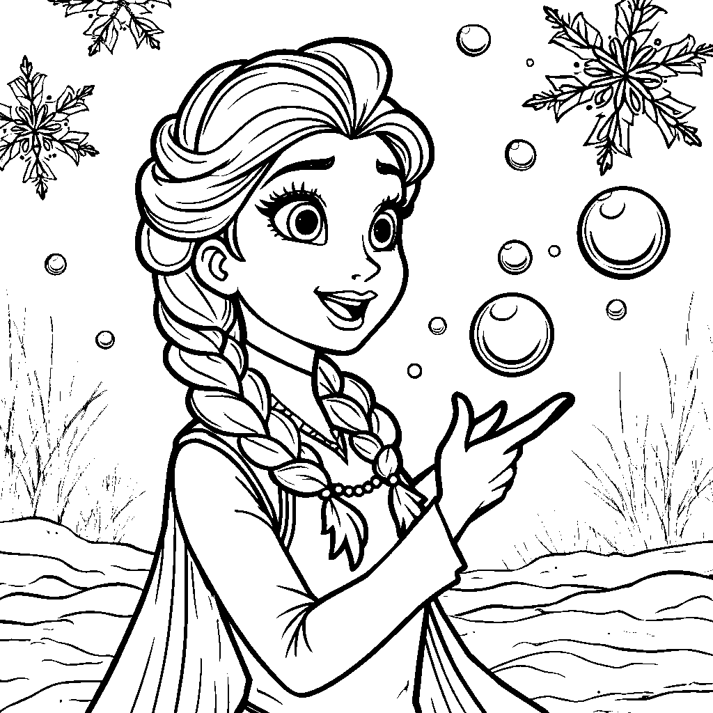 Elsa blowing bubbles that turn into snowflakes