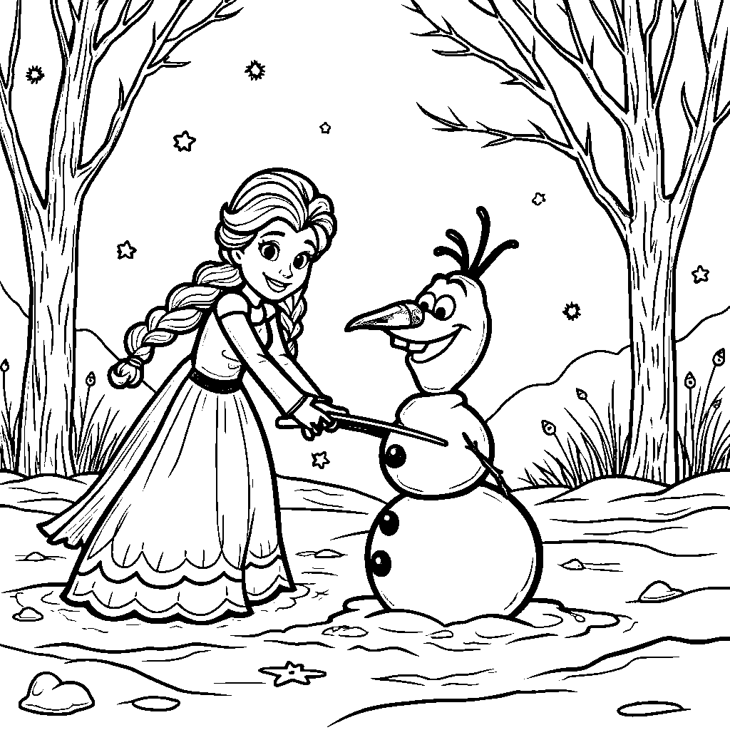 Elsa building a snowman with Olaf