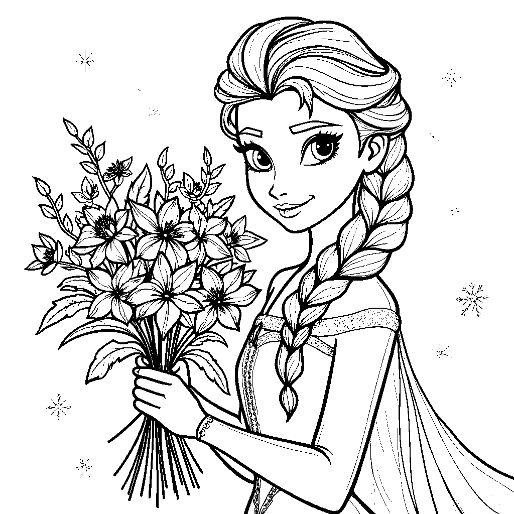 Elsa holding a bouquet of winter flowers