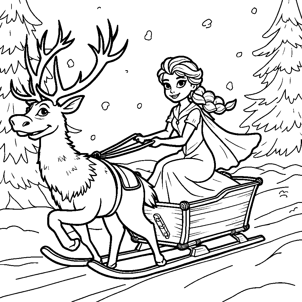 Elsa riding a sled pulled by Sven