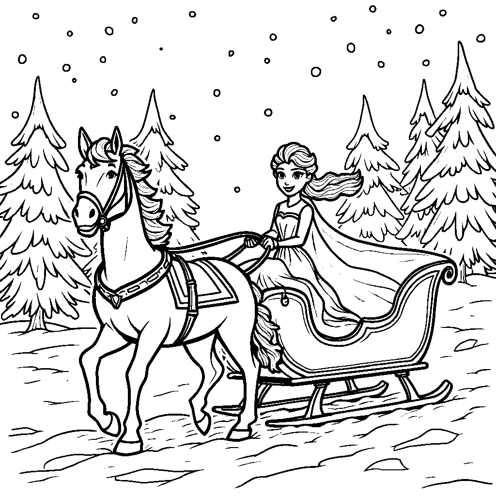 Elsa riding on a horse-drawn sleigh