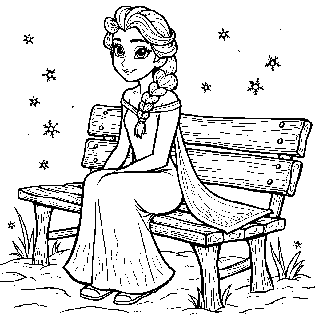 Elsa sitting on a snowy bench