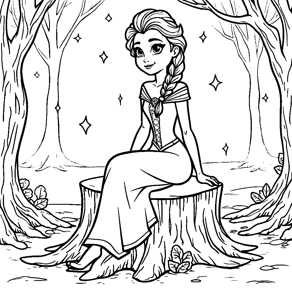 Elsa sitting on a snowy tree stump