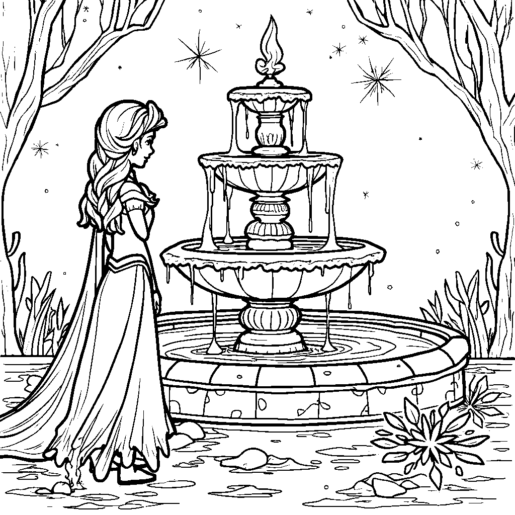 Elsa standing in front of a frozen fountain