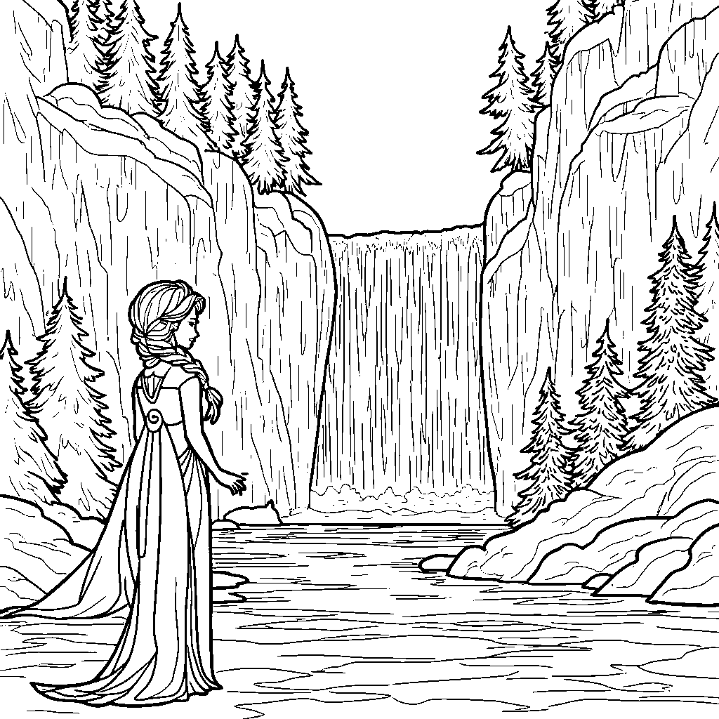 Elsa standing in front of a frozen waterfall