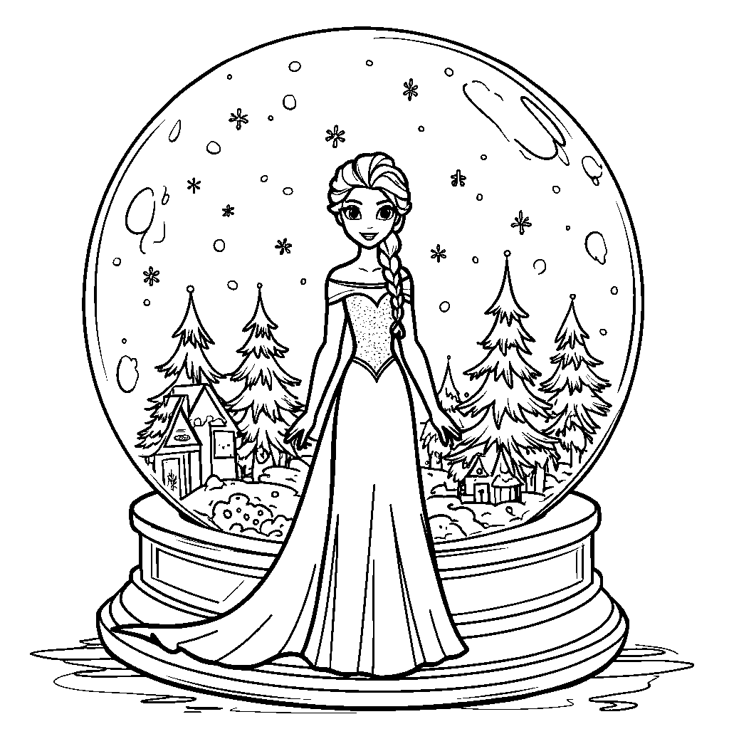 Elsa standing in front of a giant snow globe