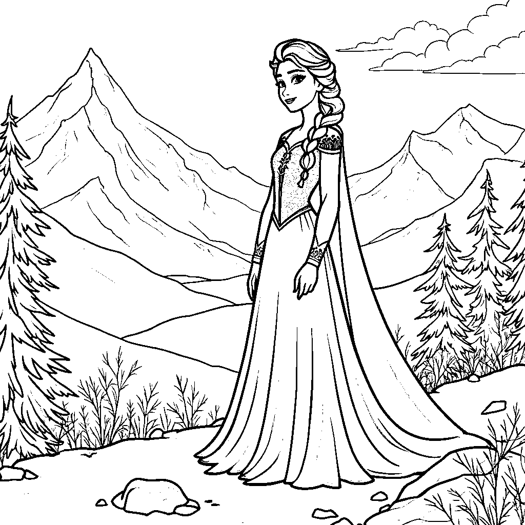 Elsa standing on a snowy mountain peak