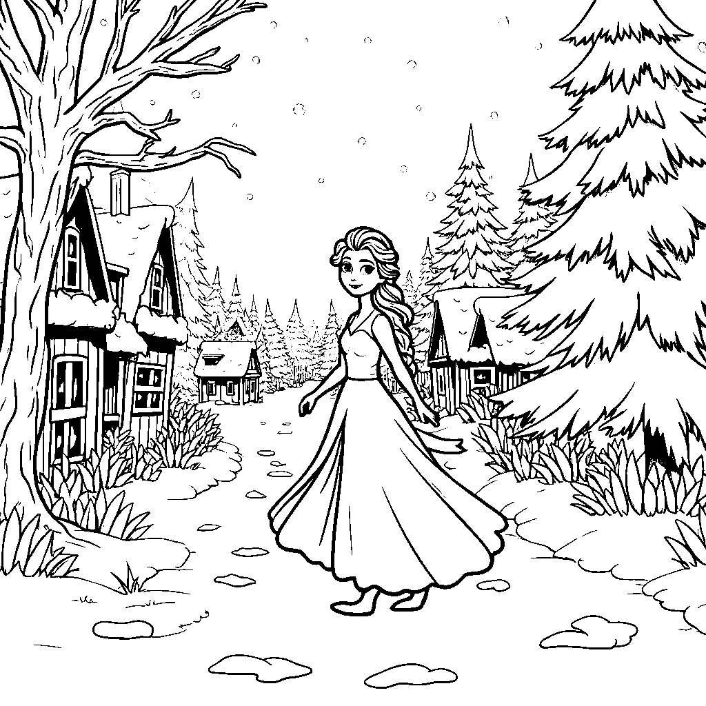 Elsa walking through a snowy village