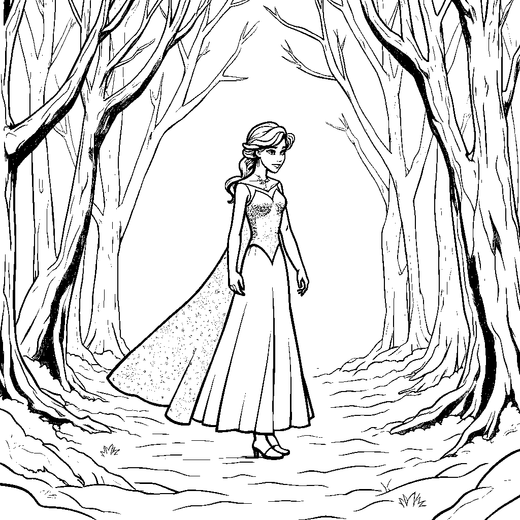 Elsa walking through a winter wonderland forest