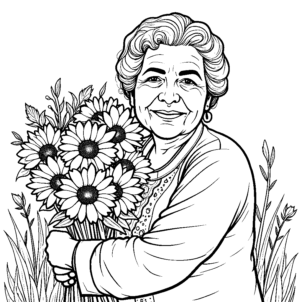 Abuela Alma's warm hug with a bouquet of flowers