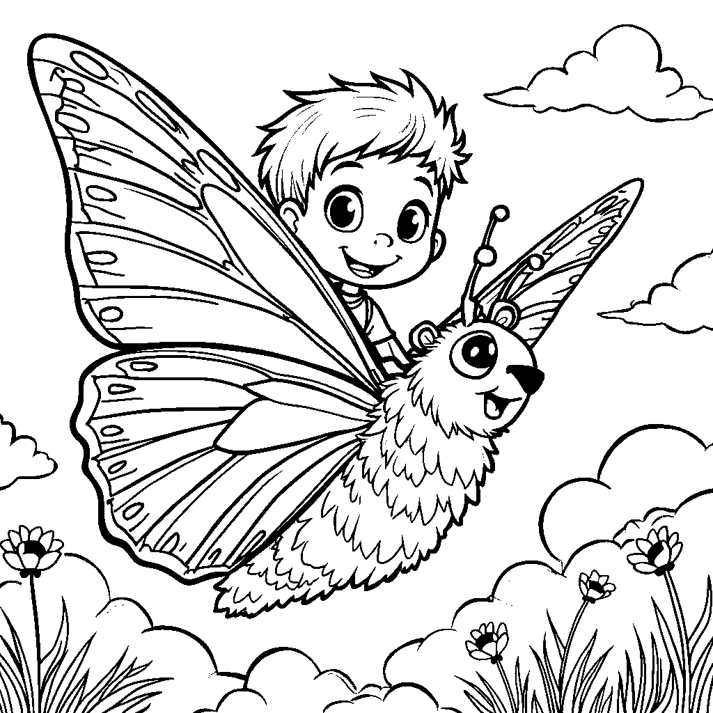 Luca riding a giant butterfly through the sky