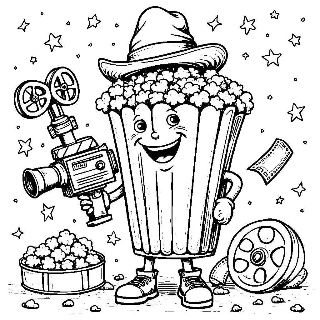 A bag of popcorn with a movie camera